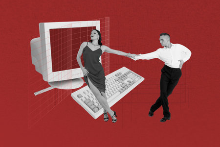 Creative pop poster sketch art collage of happy businesswoman businessman stand keypad programmer...