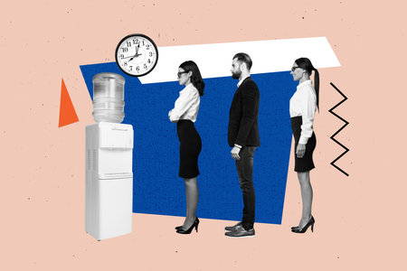 Trend template sketch design photo collage of businesspeople young lady man stand line wait water...