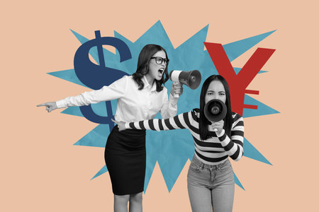 Template collage artwork 3D sketch of two young lady stand leader proclaim american chinese earnings trade war financial budget economyの写真素材