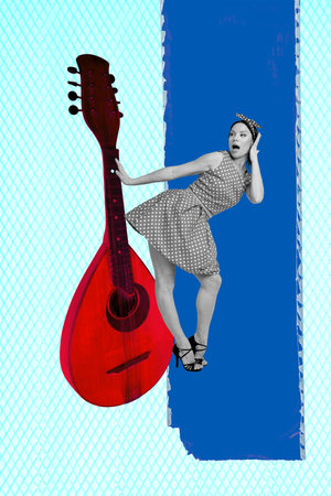 Trend artwork banner sketch photo collage of young lady pinup style posing guitar instrument night carefree event nightclub entertainmentの写真素材