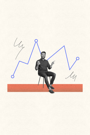 Creative poster collage of business man sit chair hold cell smart phone point chartsの写真素材