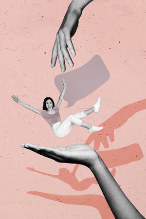 3d sketch image vertical collage of hand hold happy girl guy chatterbox speech notification correspondence mail talk dialogueの写真素材