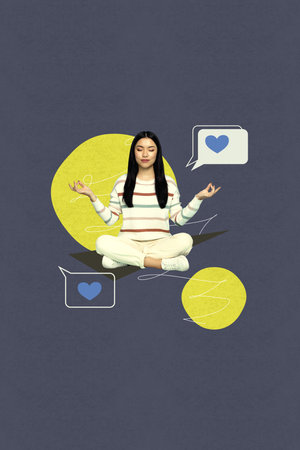 Trend image vertical photo collage of happy girl receive like notification bubble icon feedback...