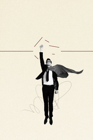 Creative composite sketch design artwork collage of young man formalwear superhero cape cloak fly up fist break overcome line successの写真素材
