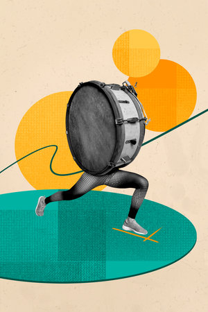 3D collage design composite trend artwork sketch of drum body woman legs exercise training sports classical musician instrument orchestraの写真素材