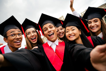 Joyful young graduates taking a selfie on a sunny day to celebrate their university achievements and...