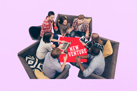 Composite trend artwork 3D sketch image photo collage of young man lady team colleagues new venturre...