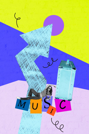 Trend template sketch design 3D photo collage of young lady sunglass lying music word suitcase arrow up trade business goal success partyの写真素材