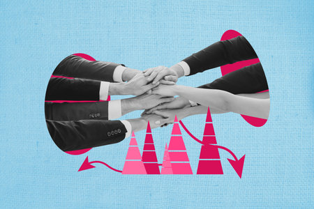 Creative design composite trend collage of hiring recruitment entrepreneur trade many hands teamwork hold together success arrow graphicsの写真素材