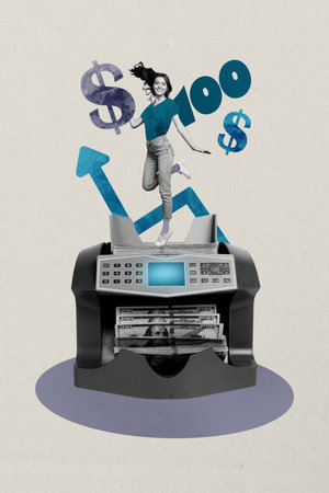 Art image vertical photo collage of happy businesswoman businessman receive dollar transaction count machine income capitalの写真素材