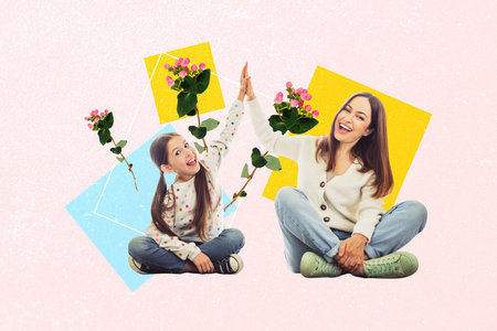Sketch image trend artwork montage 3D collage of mother holiday spring flower season young woman smile sit down school age girl highfiveの写真素材