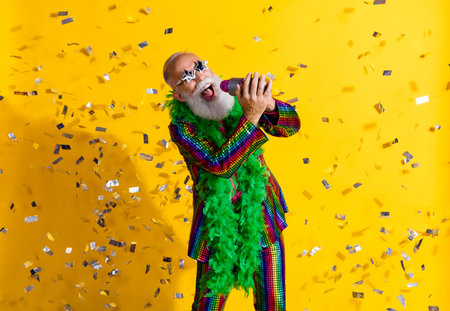 Photo of extravagant funny aged man sing confetti wear shiny costume isolated on yellow color backgroundの写真素材