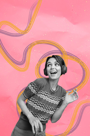 Sketch composite 3D photo collage artwork of clubber leisure weekend occasion party portrait young lady smile wear headphones listen musicの写真素材