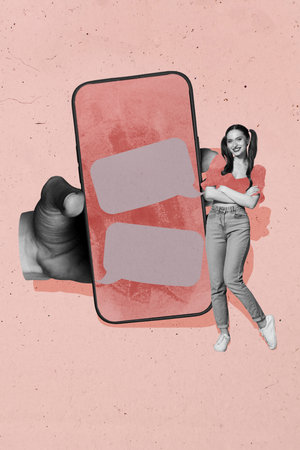 Trendy 3d zine vertical photo collage of happy girl stand big phone device screen notification chat messenger app correspondenceの写真素材