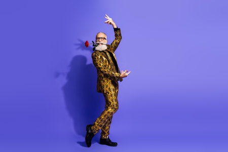Stylish senior gentleman in a golden suit performs a playful dance holding a rose against a vibrant violet backgroundの写真素材