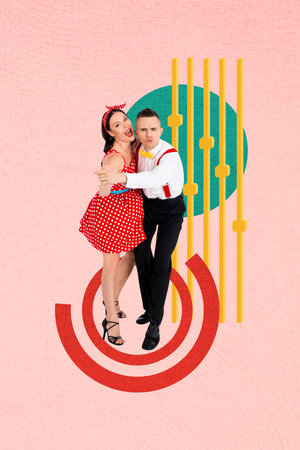 Template poster trend artwork 3D collage of night entertainment weekend event rest couple pinup style young man woman couple dance tangoの写真素材