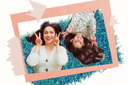Sketch template design 3D photo collage of international spring happy frame young woman mom daughter...