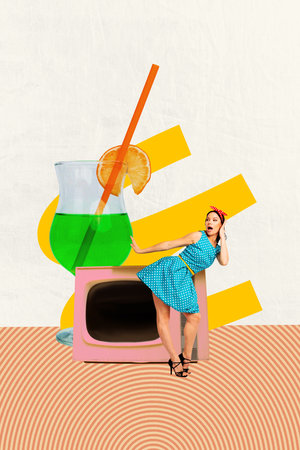 Exclusive image vertical photo collage of astonished pinup girl dance cocktail glass martini beverage retro television broadcastの写真素材