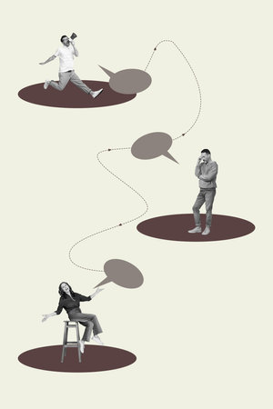Poster banner collage of people connected with speaking textbox on pastel background
