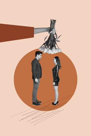 Trendy art creative vertical photo collage of happy girl guy dance present money income hand hold transaction budget businessの写真素材