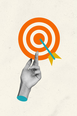 Composite sketch image design artwork collage of hand hold dartboard circle arrow achieve goal center trade stats analyzing goal successの写真素材