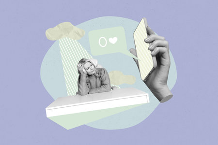 Creative banner collage of person sit table with hand show cell phone zero likes on purple backgroundの写真素材