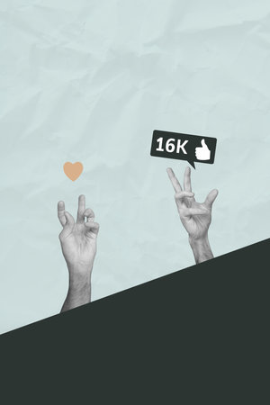 Vertical contemporary photo collage of hands show like notification social media influencer feedback...