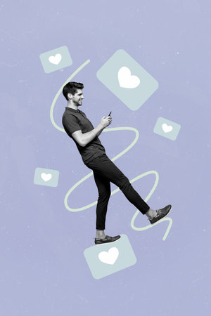 Abstract template collage of person use phone with many like reaction on purple background