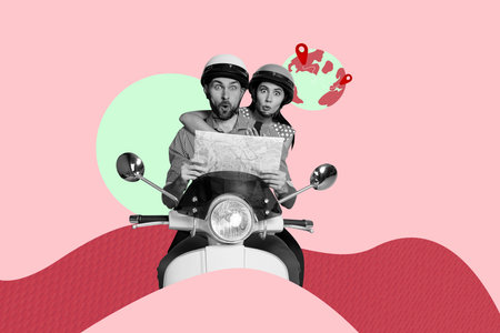 Contemporary art collage of two shocked girl guy ride vespa moped earth globe icon geolocation summer adventure relax travel journeyの写真素材