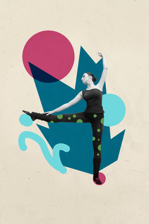 Image vertical 3d collage poster of happy girl dance relax party concert performance celebration music entertainment eventの写真素材