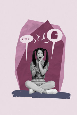 3d sketch image vertical collage of happy girl receive cyberbully emoji ghost hate stereotype bubble abuse problem depressionの写真素材