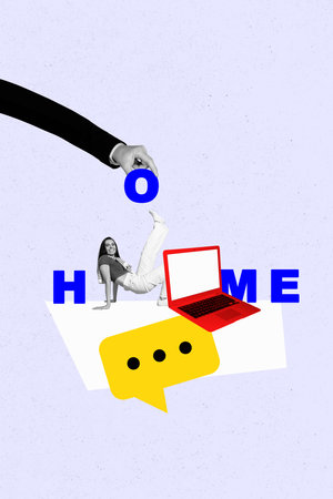 Sketch art 3d creative image collage of happy businesswoman dance home letters inscription laptop bubble message remote workの写真素材