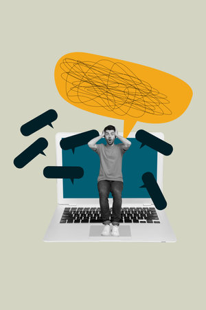 Creative collage of person stand on khaki color background with messy mind cloud