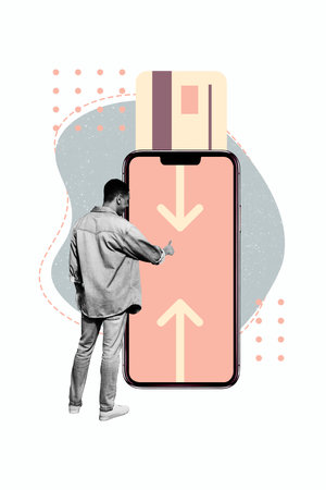 Art image vertical photo collage of happy businessman stand phone screen point arrow development card cashless transactionの写真素材