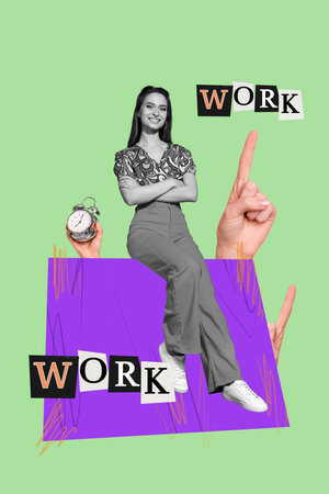 Pop trend collage of person sit on green background with pointing finger watchの写真素材