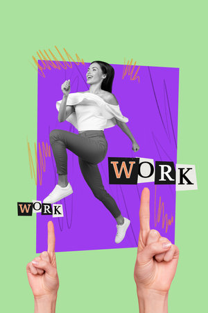 Pinup collage of person finger point wrod work on green backgroundの写真素材