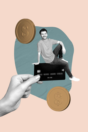 Zine creative art vertical photo collage of happy businessman sit credit card transaction ebank...