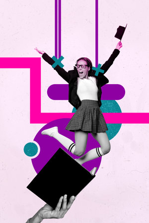 Vintage collage of person with reading book on pink backgroundの写真素材