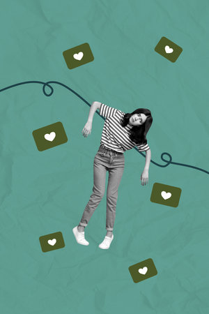 Creative banner collage of person control with many likes on green color background