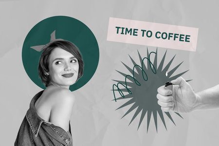 Image collage of person stand hand hold lighter on khaki background with time to coffee phraseの写真素材