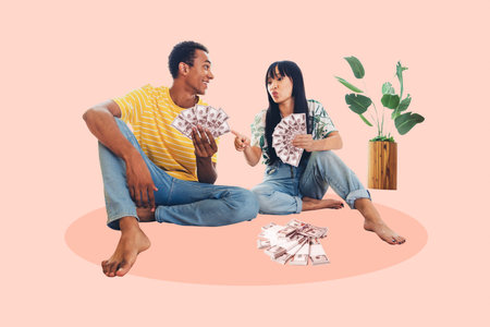 Composite image montage trend artwork 3D collage of family budget young lady man sit hold dollars banknote salary earnings budget marketの写真素材