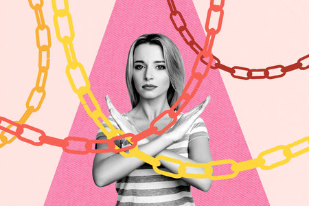 3D collage trend artwork composite poster of young lady stand cross hands stop chain lock bullying...