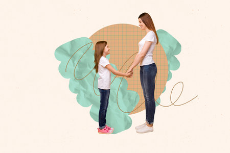 Contemporary artwork collage of two happy girls daughter mommy family dance togehter party mother day holiday event celebrationの写真素材