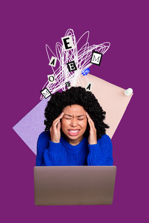 Banner pop collage of person having messy lines above head over purple backgroundの写真素材
