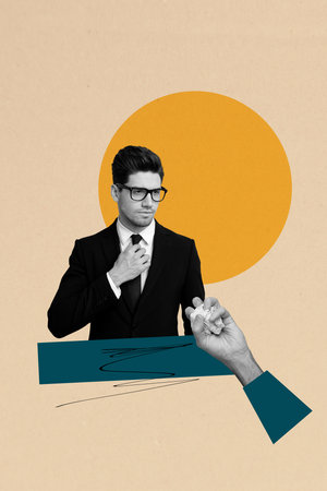 Template trend collage of person on yellow background with circle shape hand holding paperの写真素材