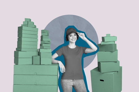 Template sketch composite artwork collage of pile box silhouette young lady stand smile hand hold...
