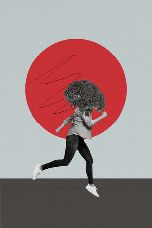 Poster picture collage of person run with grass face on grey color backgroundの写真素材