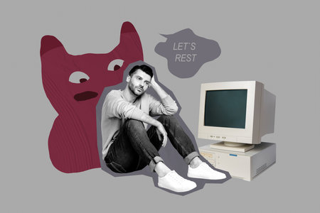 Composite 3D photo collage trend sketch of young man sit depressed monster procrastination say lets rest computer monitor office managerの写真素材