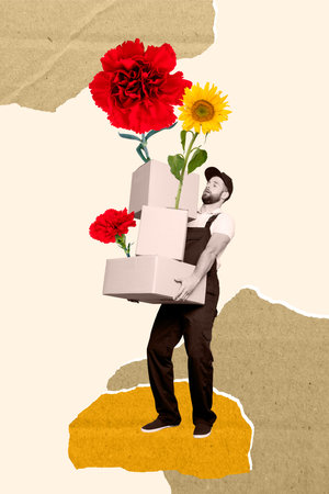 Exclusive artwork banner collage of serious courier man carry box stack flower delivery spring holiday present sunflower daisyの写真素材