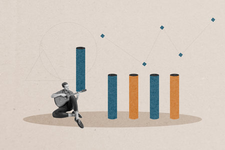Trendy art creative full zine photo collage of happy stand chart development statistics graph doodleの写真素材